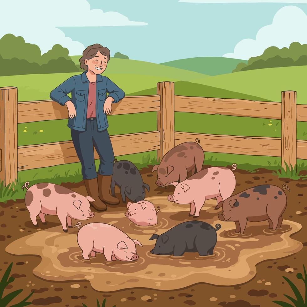 Farmer Watching Pigs Wallowing in Mud on a Sunny Day vector