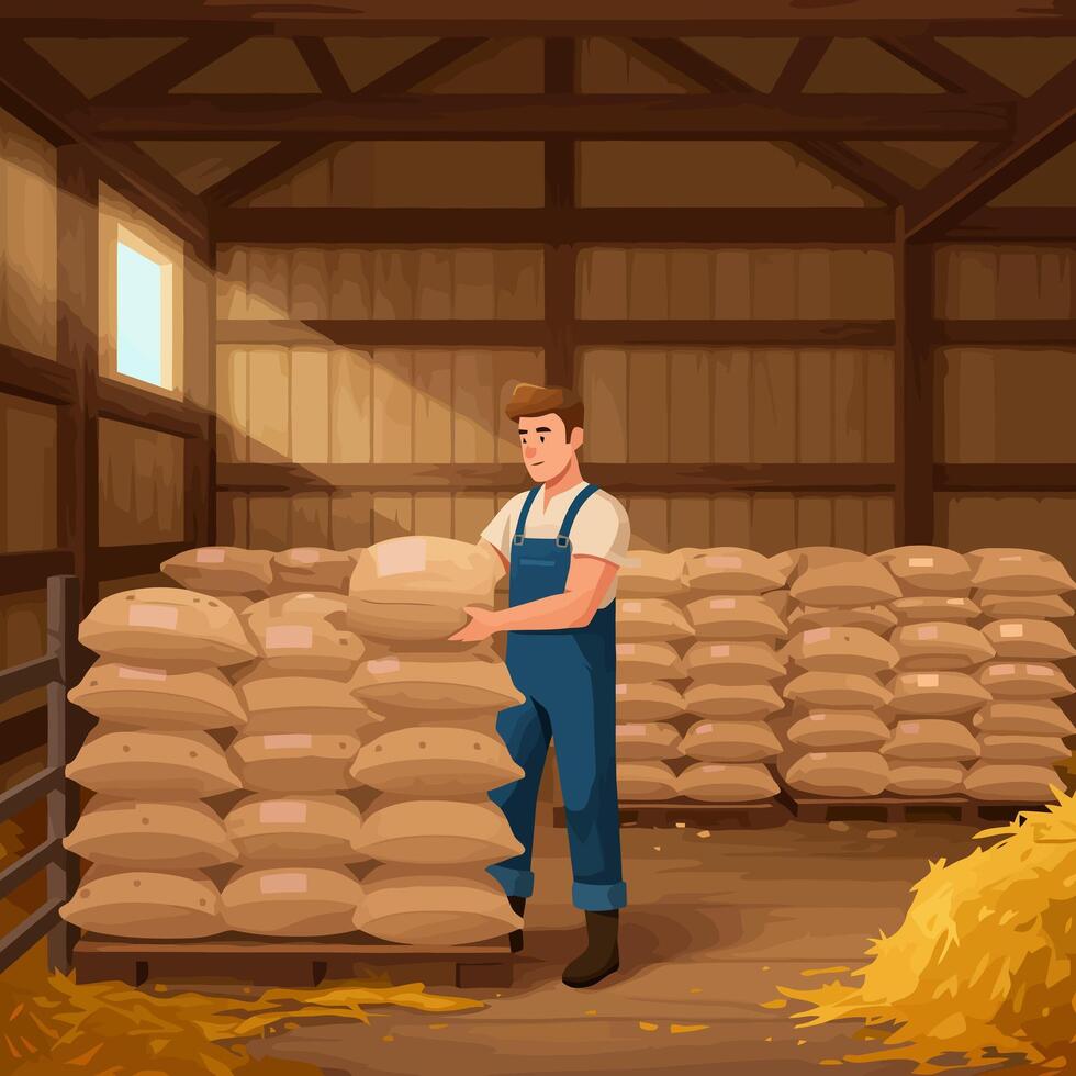 Farmer Stacking Burlap Sacks Inside Wooden Barn with Hay on Floor vector