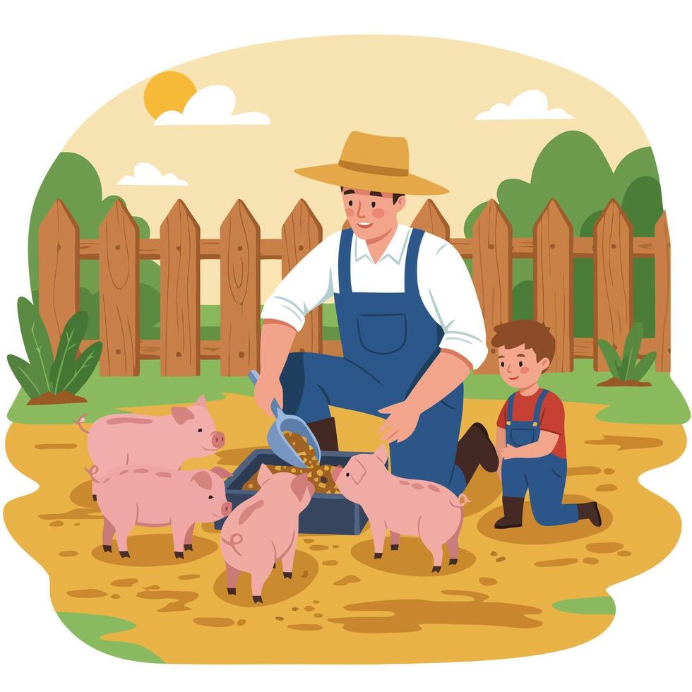 Farmer Feeding Pigs with Son Watching in Rural Farm Scene vector