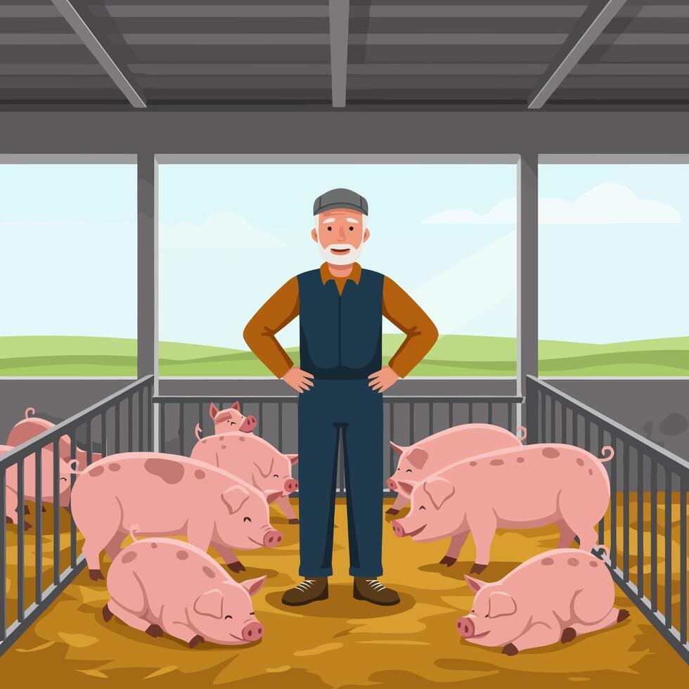 Farmer with Pigs in Barn Pen Raising Livestock Illustration vector