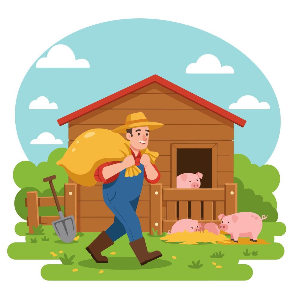 Farmer Carrying Feed Sack at Pig Farm with Cute Pigs vector