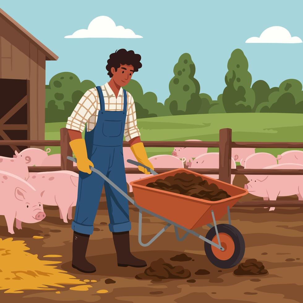 Farmer Working with Wheelbarrow Near Pigs in a Countryside Barnyard vector