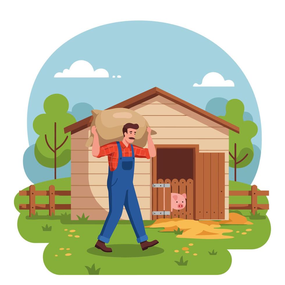 Farmer Carrying Sack Near Pig House on a Green Farm vector