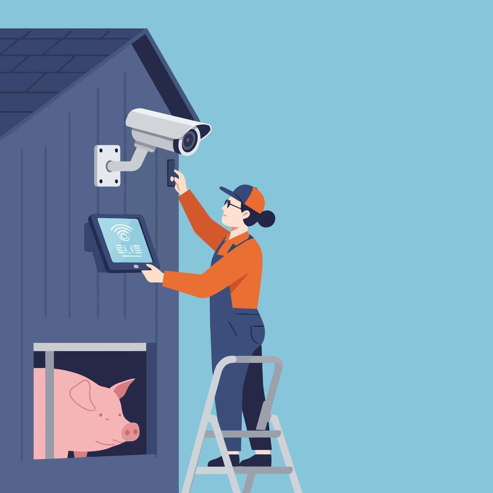 Installing Security Camera at Farm with Pig Watching Through Window vector