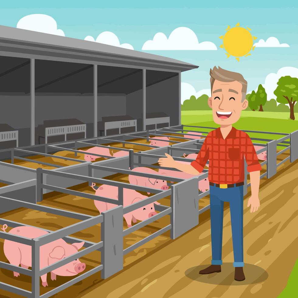 Smiling Farmer Near Pig Farm with Happy Pigs in Pens vector