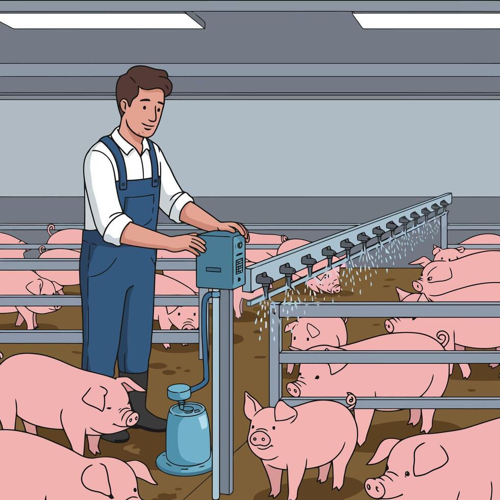 Farmer Operates Water System for Pigs Inside an Indoor Enclosure vector