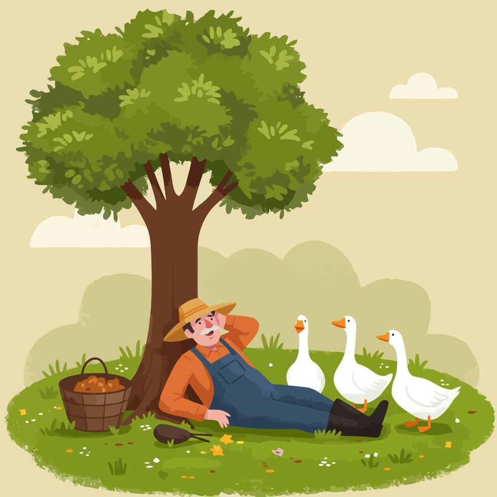 Farmer Resting Under Tree with Geese in Peaceful Countryside Scene vector