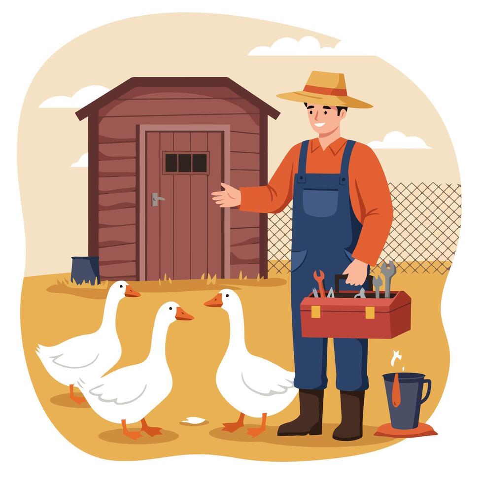 Farmer Holding Toolbox with Geese Near Wooden Shed in Rural Setting vector