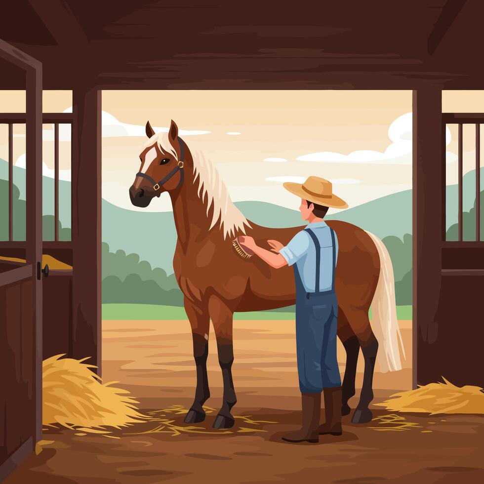 Grooming Horse at Barn with Farm Landscape During Daytime vector