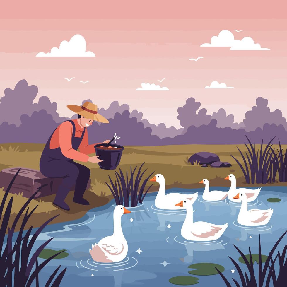 Farmer Feeding Geese on Pond Edge a Peaceful Rural Scene vector