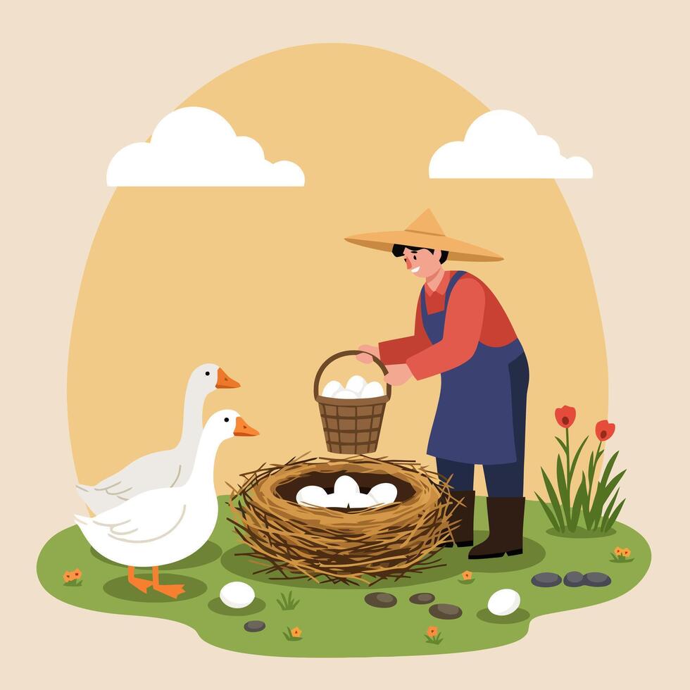 Farmer Collecting Eggs From Nest with Geese and Flowers Graphic vector