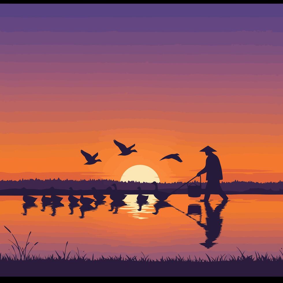 Fisher Walking in Water at Sunset with Ducks and Flying Birds vector