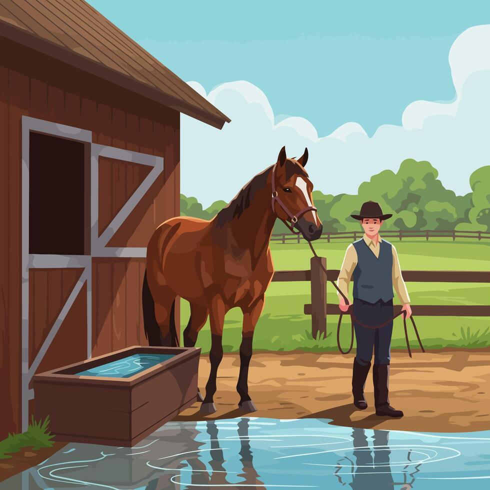 Horse and Handler Standing Near Stable with Water Trough vector