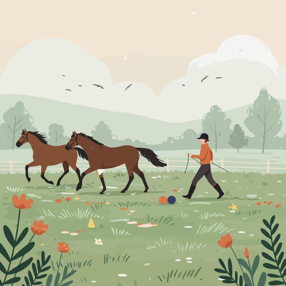 Leading Two Horses Across Grassy Field with Flowers and Trees vector