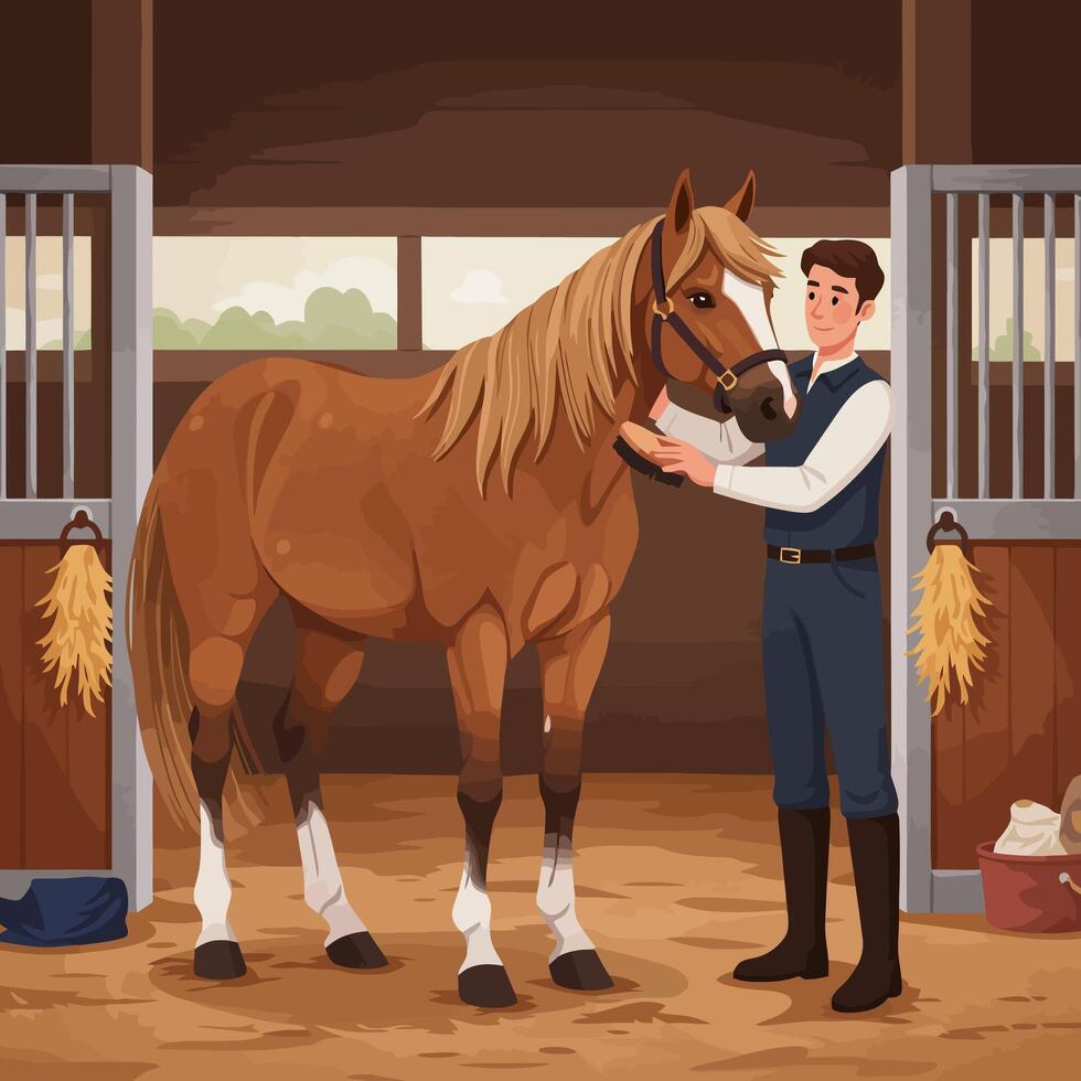 Grooming a Horse in Barn Setting, Cartoon Style Illustration vector