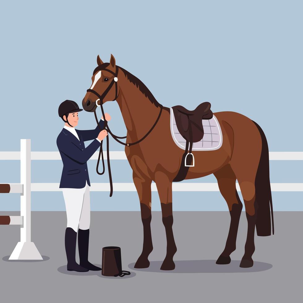 Preparing Horse Equestrian Sport Equipment Before Riding Training Event vector