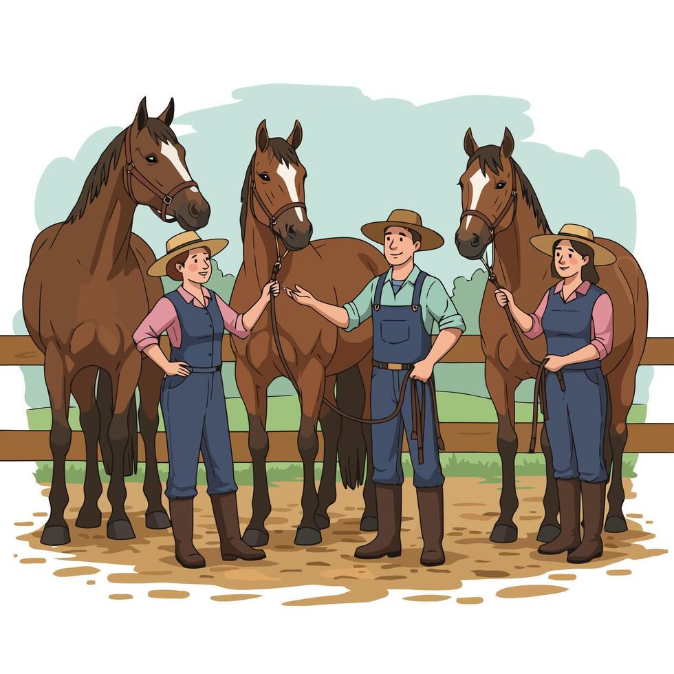 Horse Handlers with Three Horses in a Paddock Cartoon Style vector