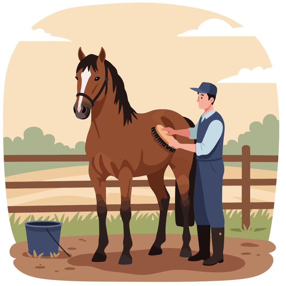 Grooming Horse with Brush at Farm During Daytime for Care vector