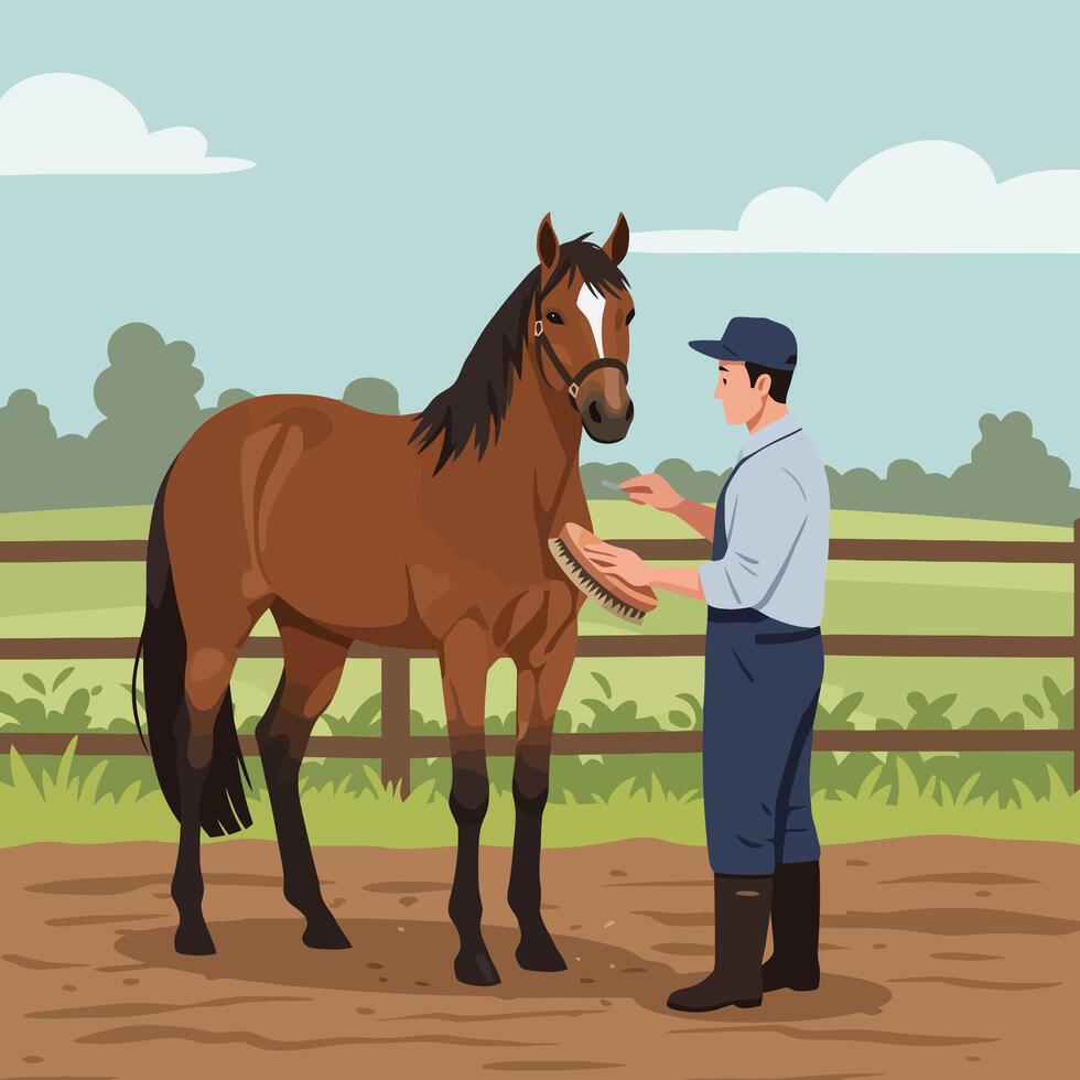 Grooming Horse with Brush Outdoors at the Ranch in Countryside Setting vector