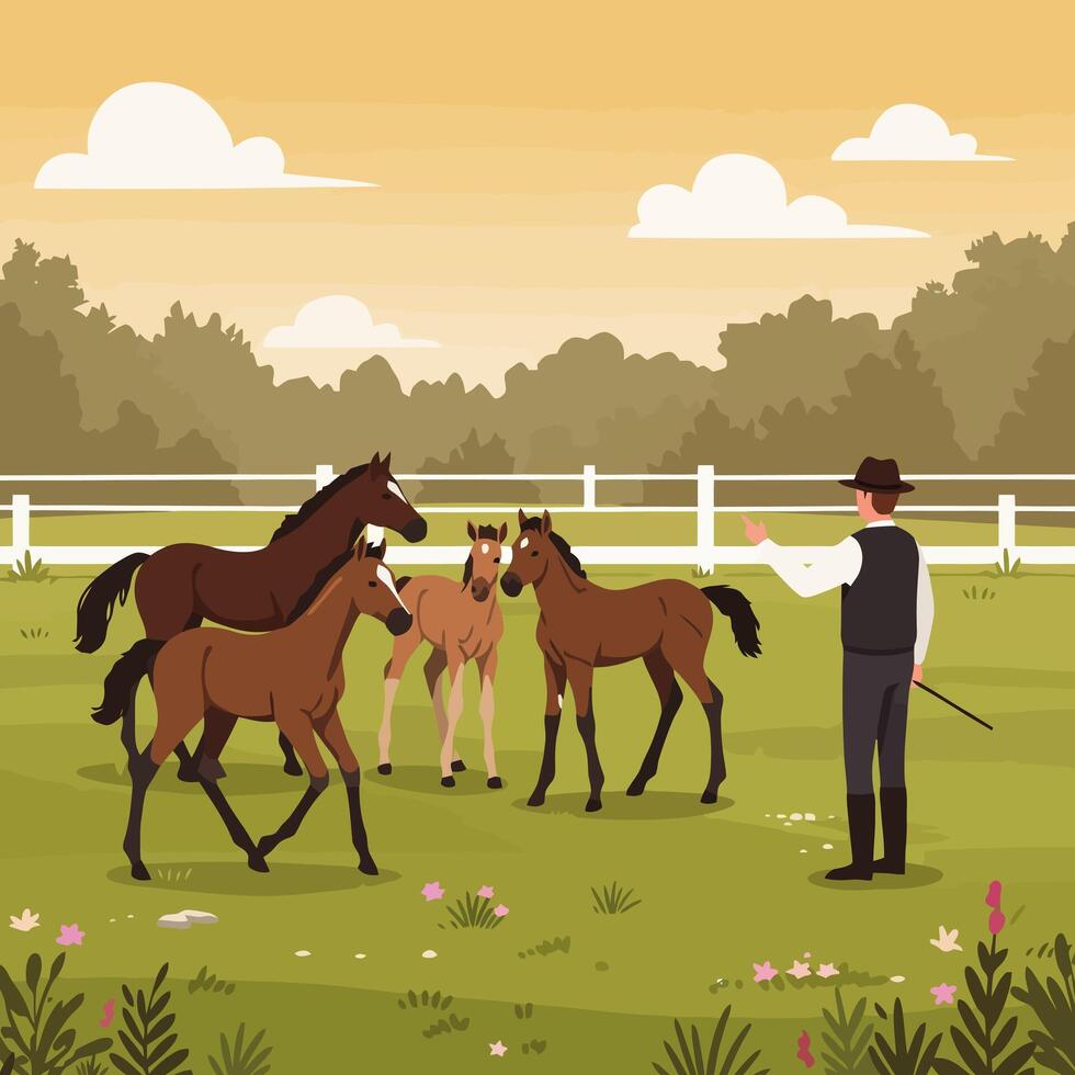 Guiding Horses Equestrian Scene in Pasture with Trainer and Foals vector