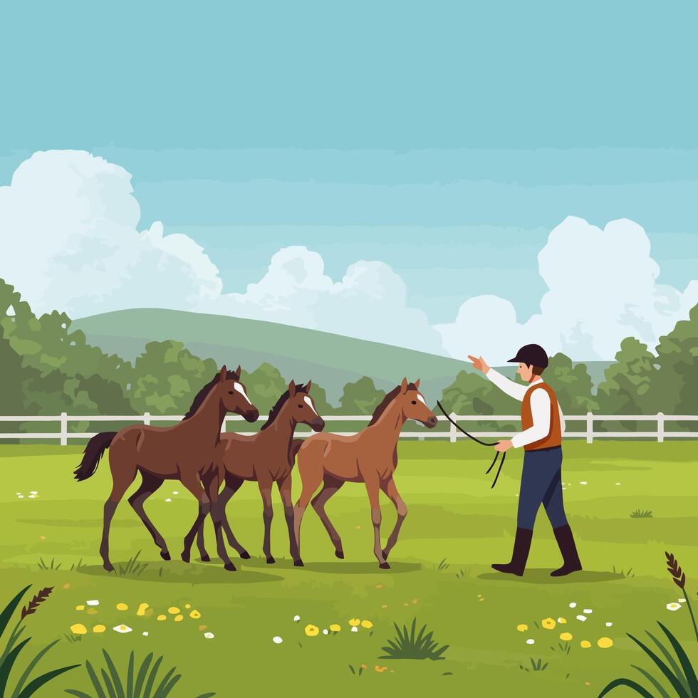 Leading Foals Across Grassy Field Training Horses in Rural Setting vector