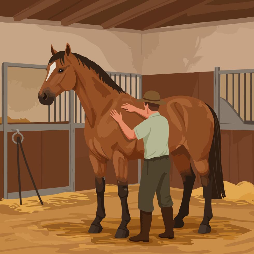 Grooming Horse in Barn Stall Man Caring for Equine Friend vector