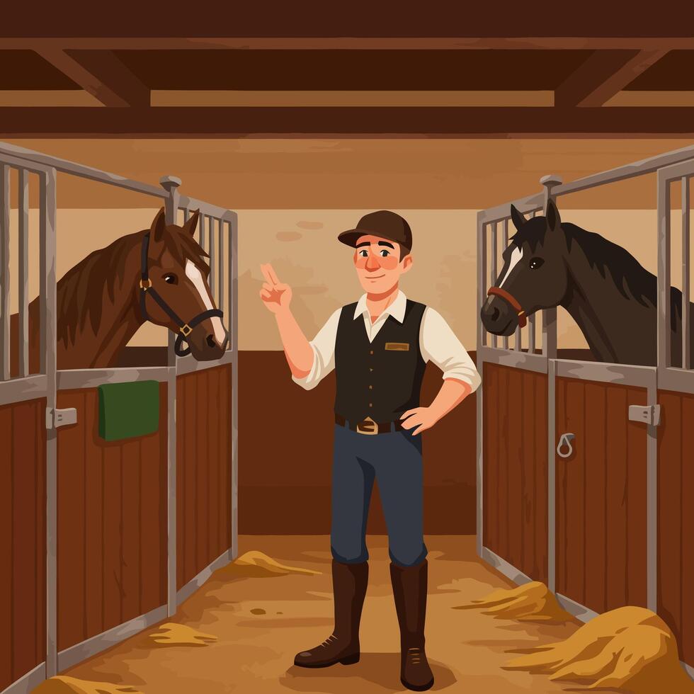 Man Showing Peace Sign Next to Horses in Stable at Farm vector