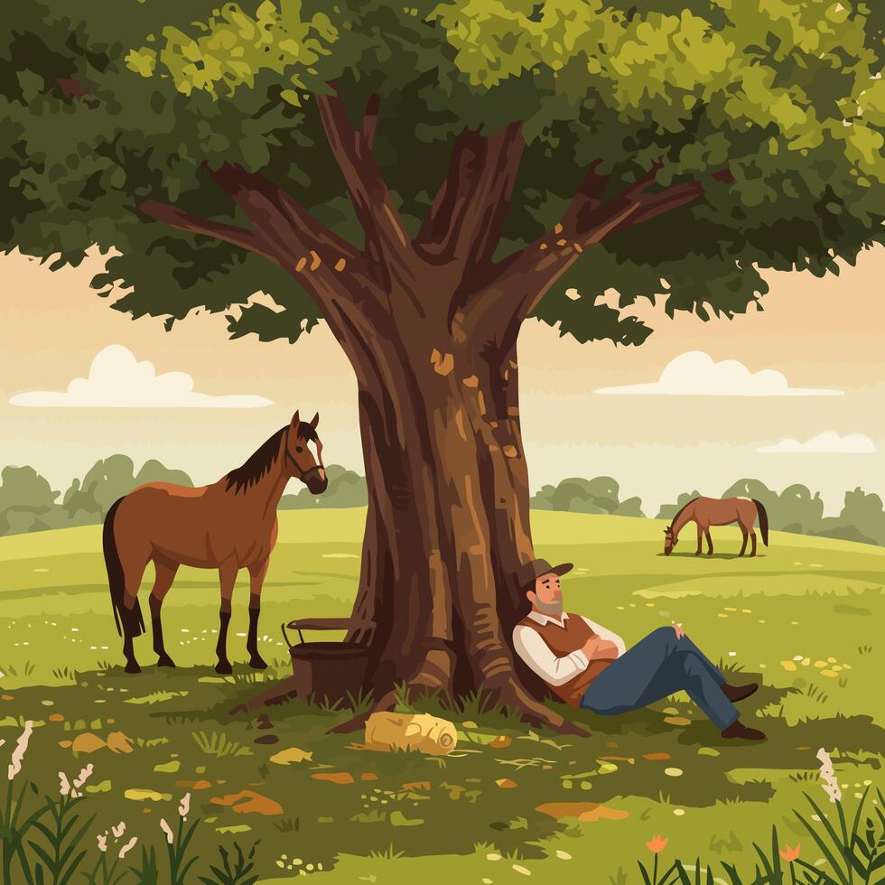 Man Resting Under a Tree with Horses in a Meadow vector