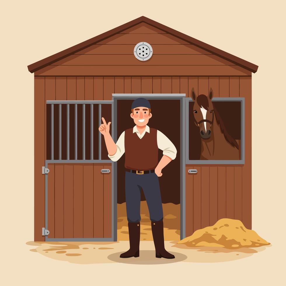 Man Standing in Horse Stable with Horse Looking Out Window vector