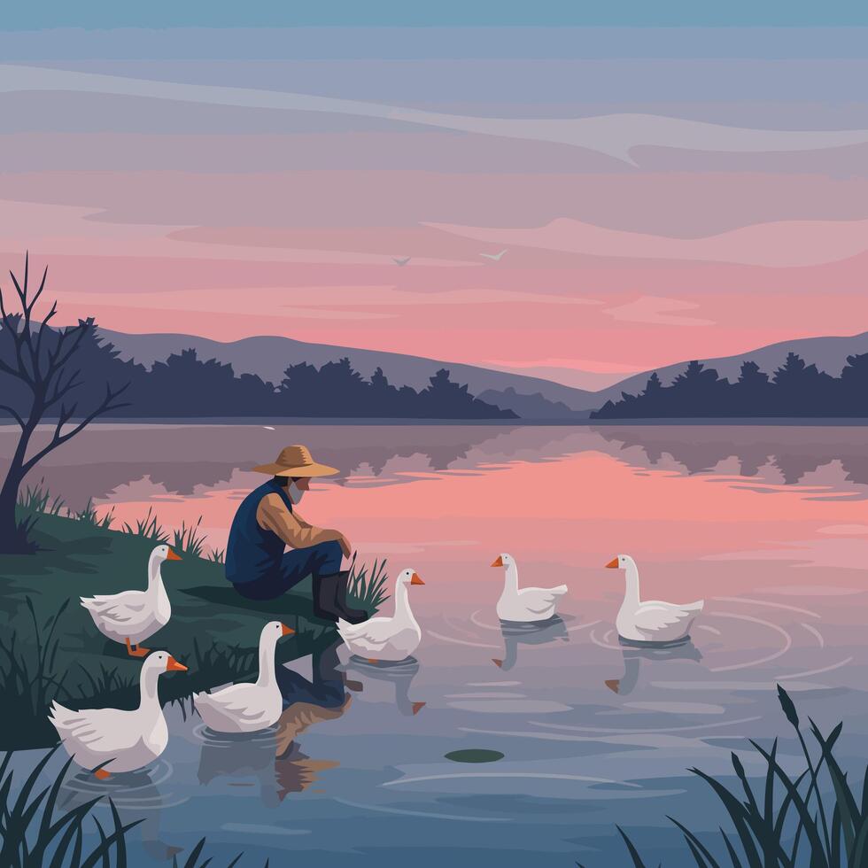 Farmer Relaxing by Lake at Dusk with Geese Swimming Peacefully vector