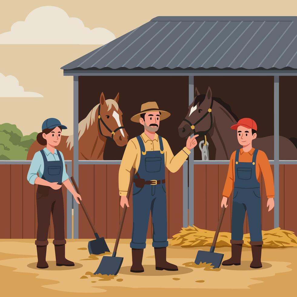 Workers Cleaning Horse Stable with Horses Looking Out From Inside vector
