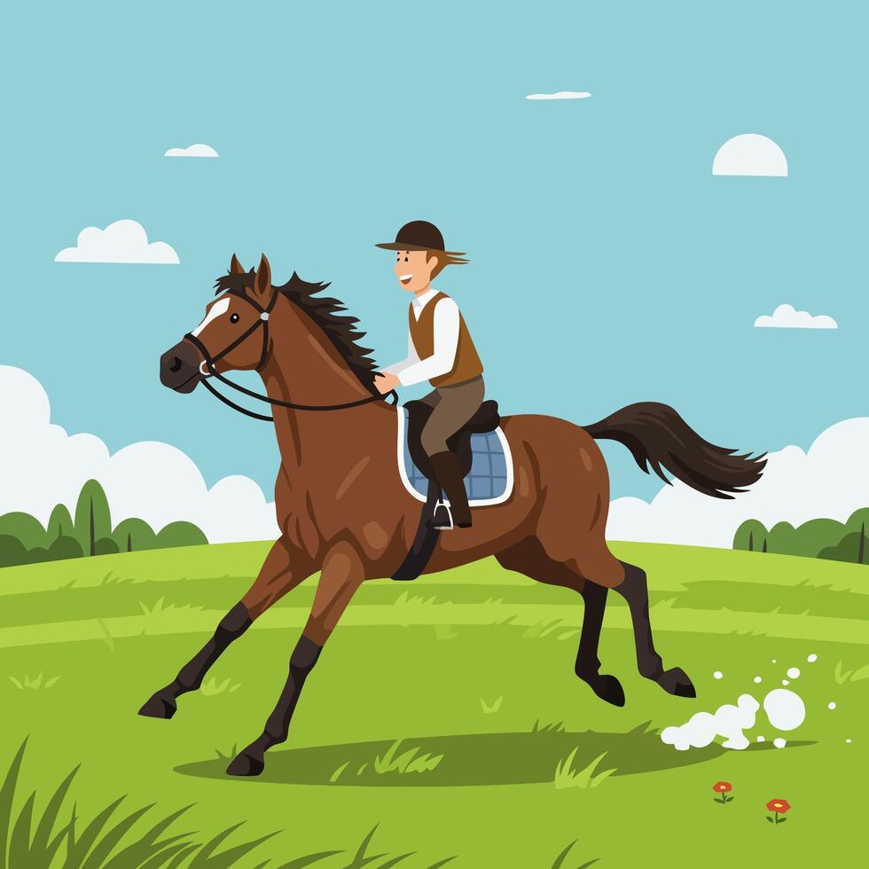 Horseback Riding Adventure Man Riding Across Open Field Landscape vector