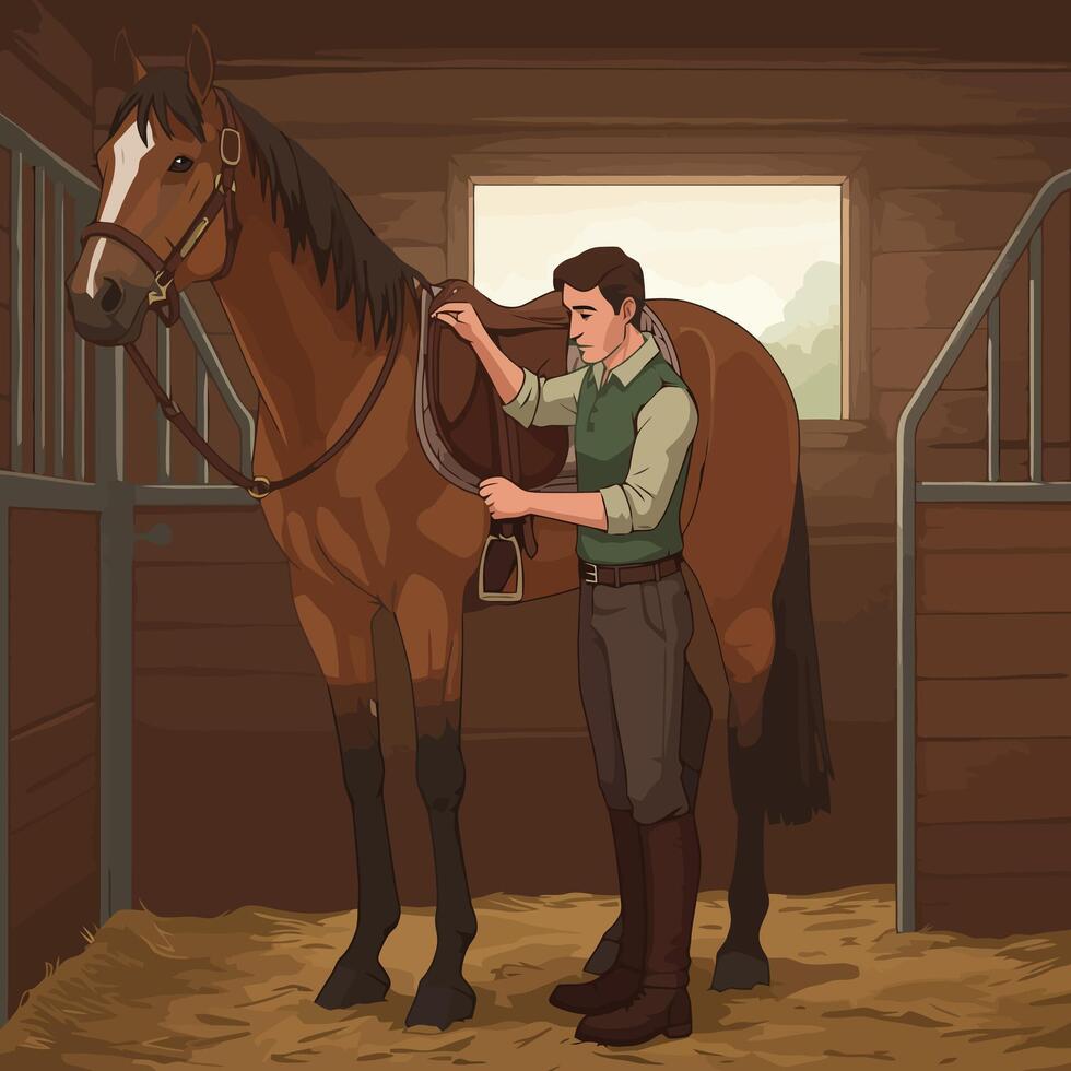 Man Preparing Horse with Saddle Inside Stable for Riding Activity vector