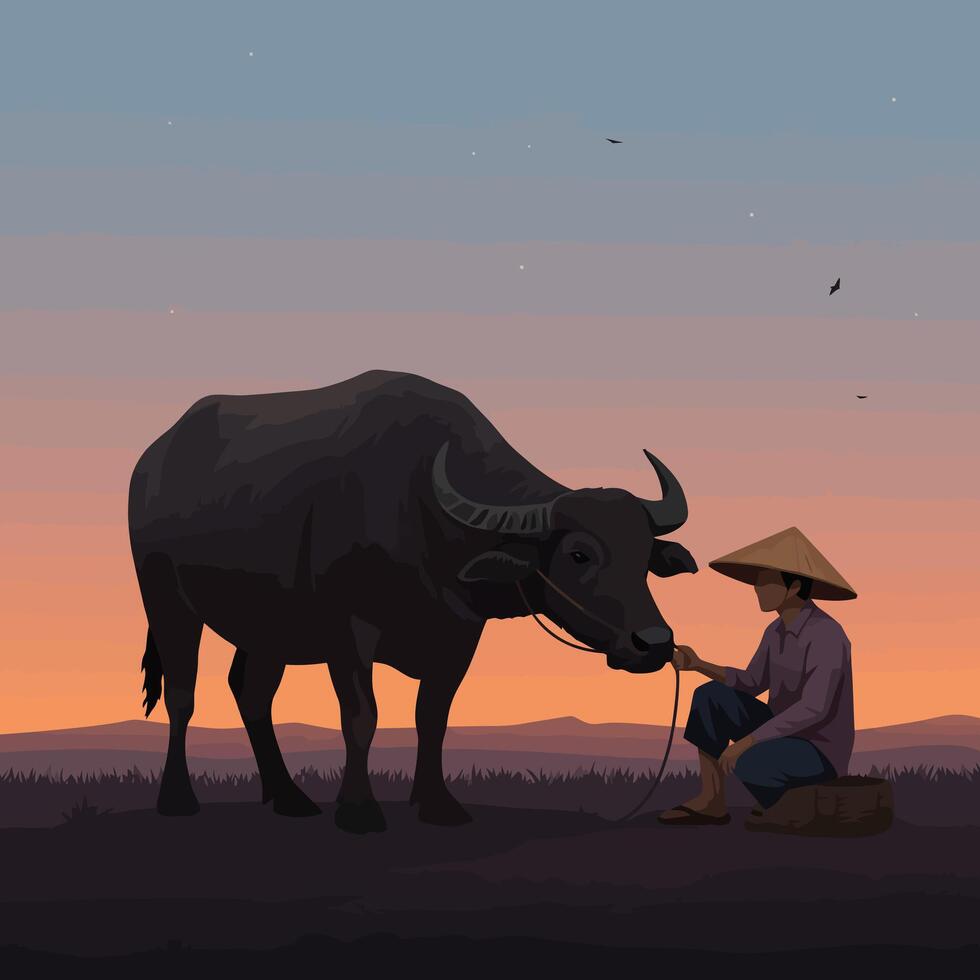 Farmer and Buffalo at Dusk Traditional Asian Farming Scene Graphic Art vector