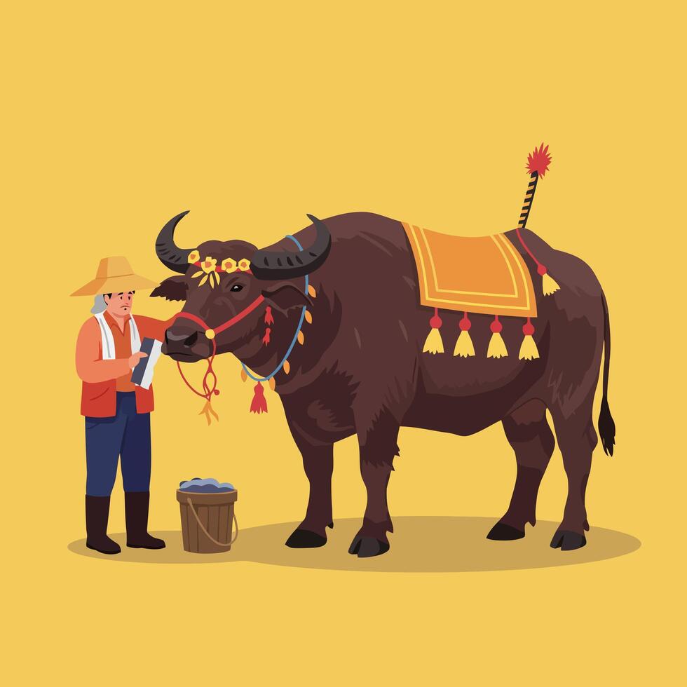 Farmer Tending Decorated Carabao Water Buffalo with Saddle and Flowers vector