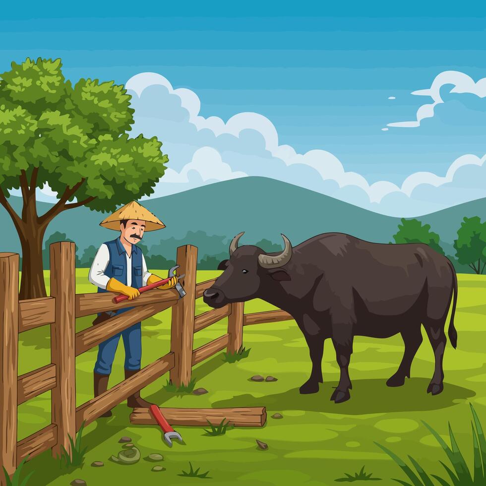 Farmer Repairing Fence with Water Buffalo in Farm Landscape Illustration vector