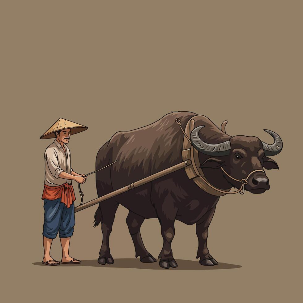 Farmer Working with Water Buffalo Illustration in Traditional Style vector