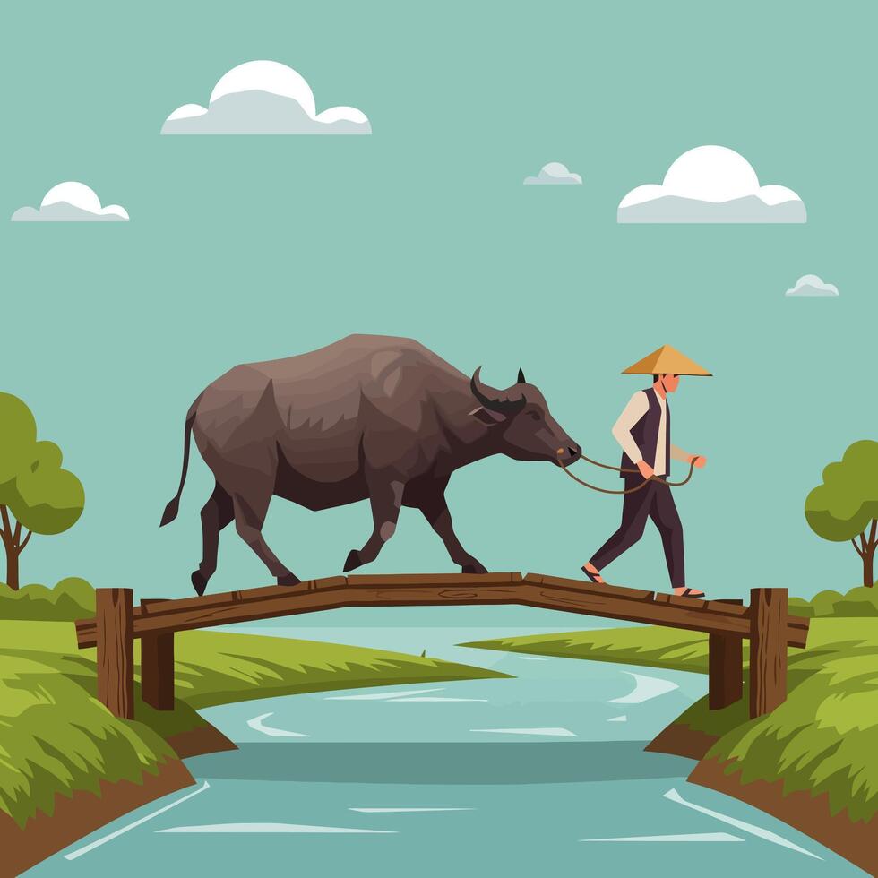 Man Leading Water Buffalo Across Wooden Bridge in Rural Landscape vector