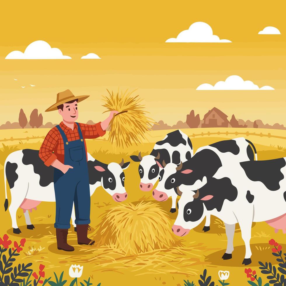 Farmer Feeding Cows Hay in Sunny Field Illustration for Agriculture vector