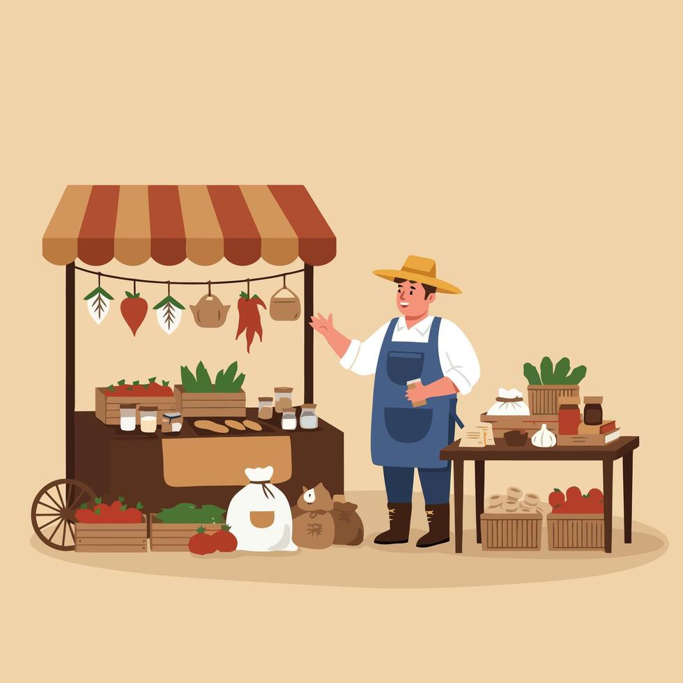 Farmer Selling Local Produce at Market Stall with Fresh Vegetables vector