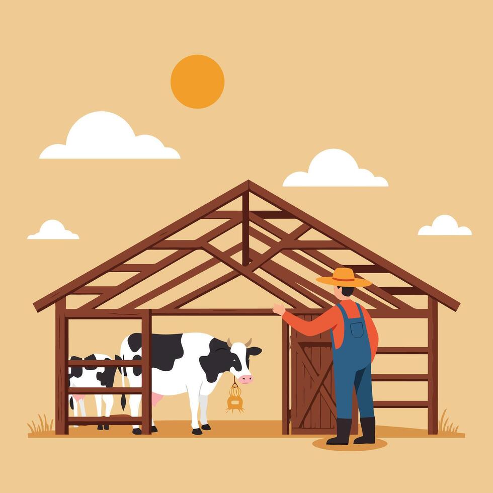 Farmer with Cows in Barn at Dairy Farm Under Bright Sun vector