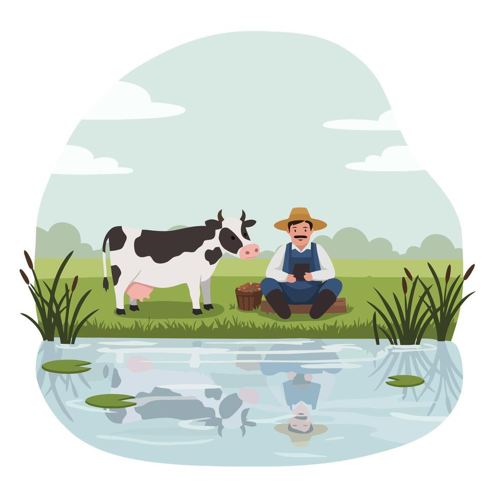 Farmer with Cow Sitting by Pond Using Tablet for Work vector