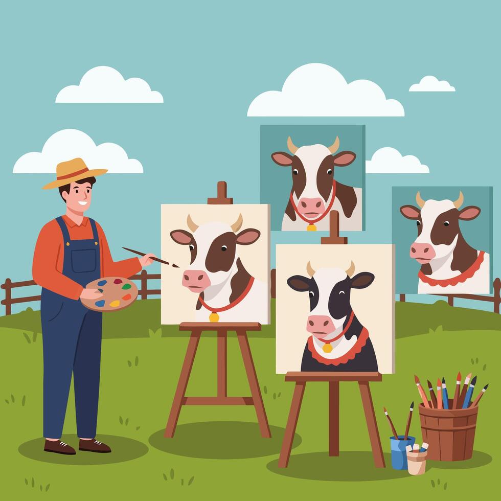 Farmer Painting Cows on Canvas in a Green Field Illustration vector