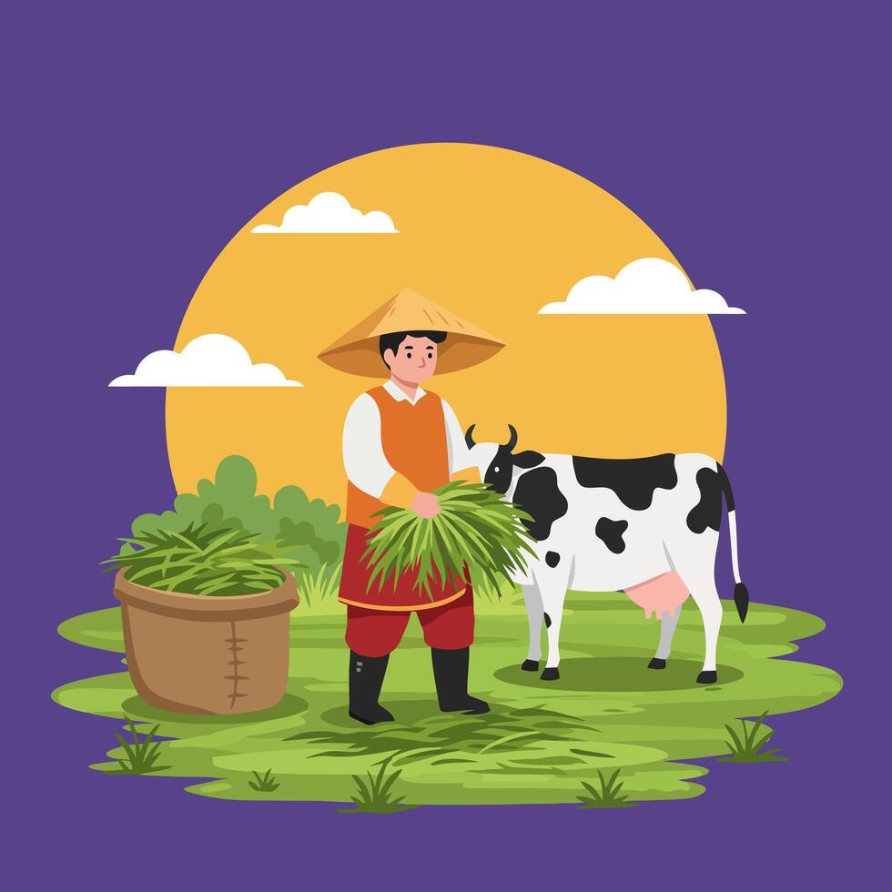 Farmer Feeding Cow with Fresh Grass on Farm Land Illustration vector