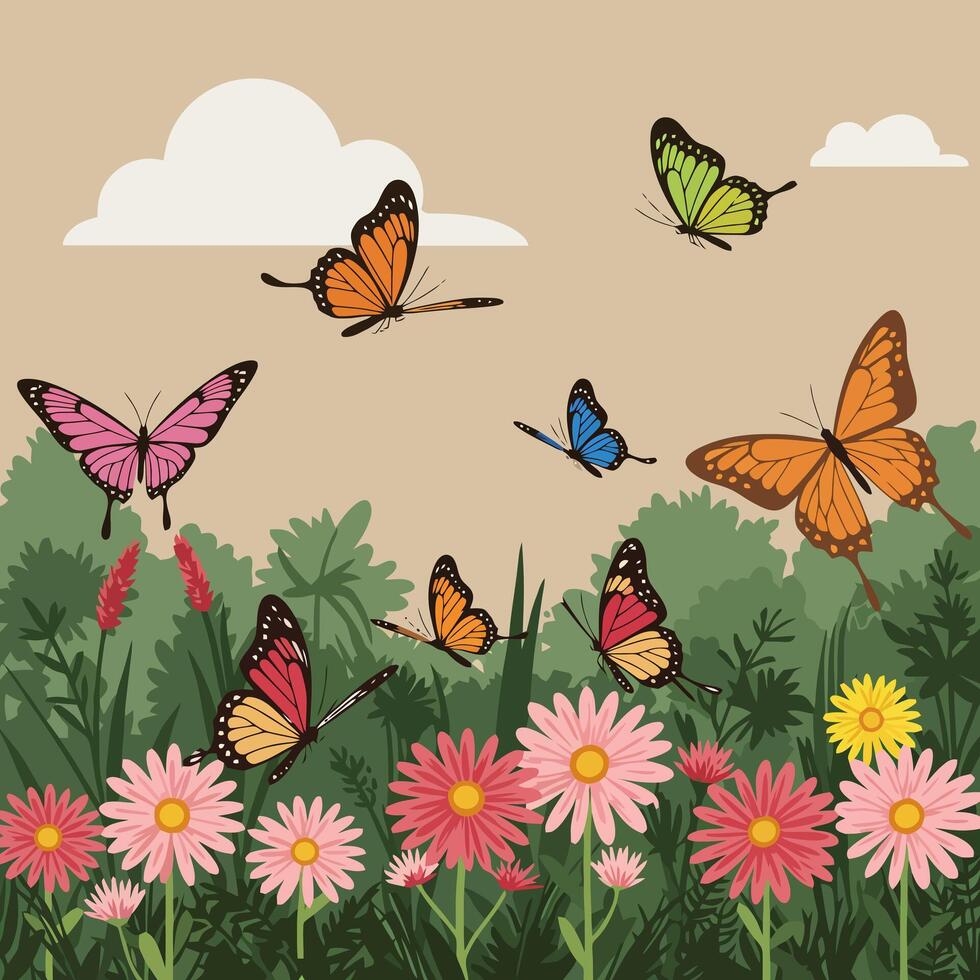 Butterflies Flying Over Flowers and Bushes with Cloudy Sky Backdrop vector