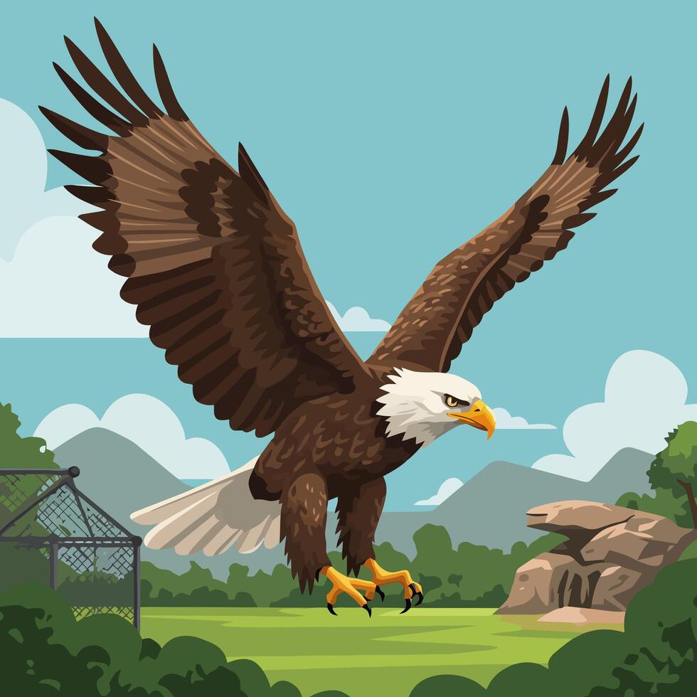 Eagle in Flight Over Green Landscape Cartoon Style Illustration vector