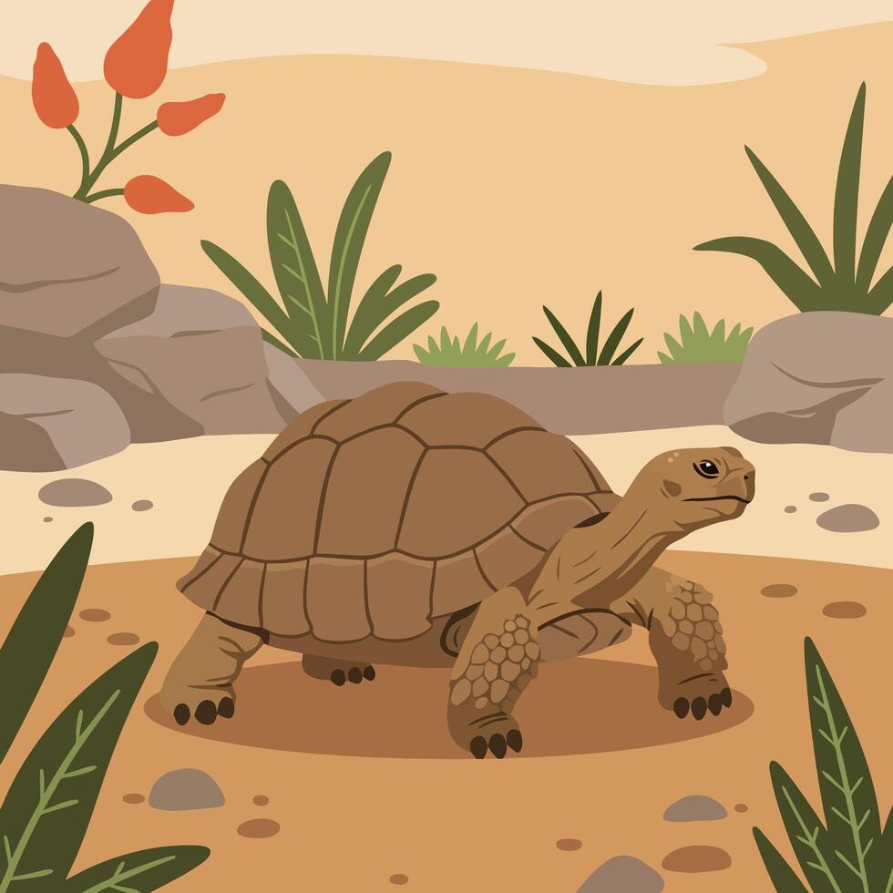 Turtle Walking on Desert Sand Illustration with Rocks and Plants vector