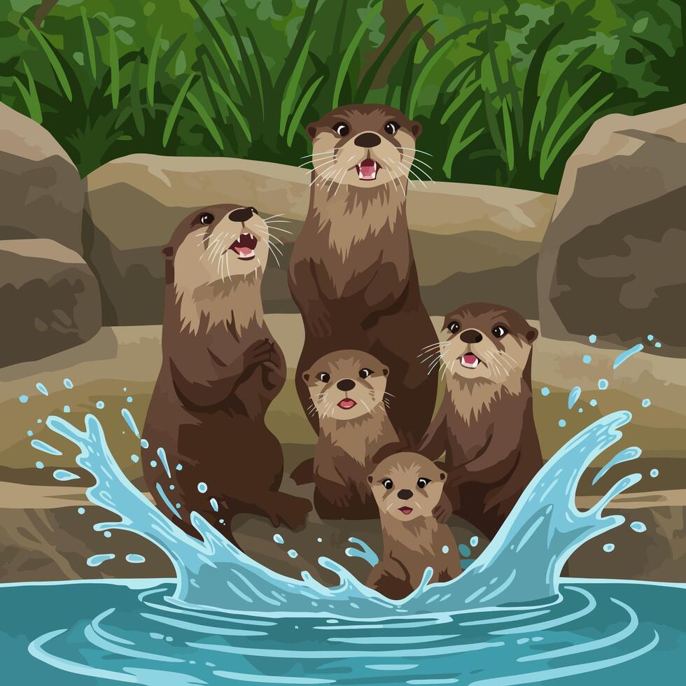 Otter Family Enjoying Water Splashing Fun Near Rocks and Greenery vector