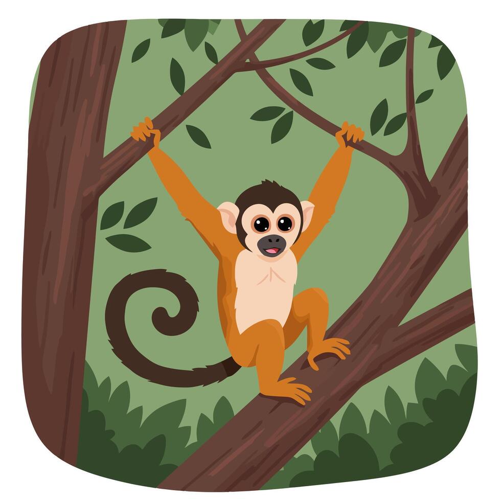 Monkey Hanging From a Branch in a Forest Cartoon Illustration vector