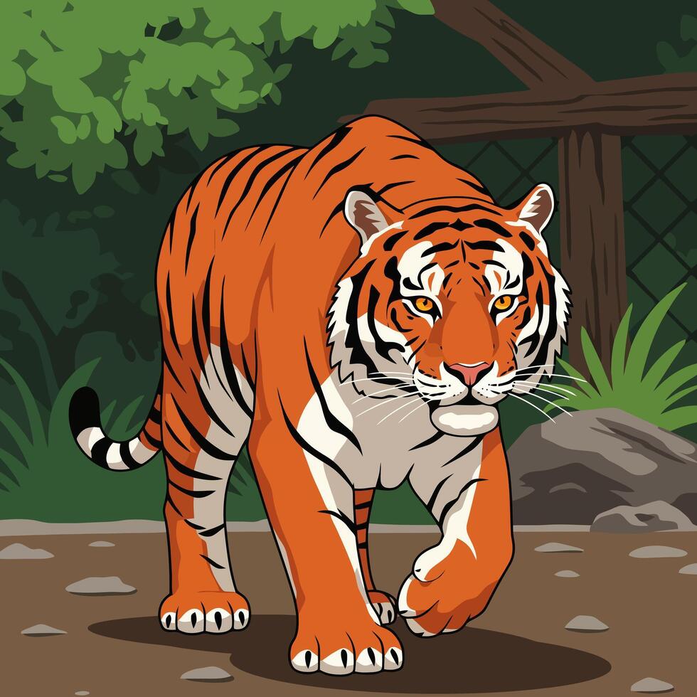 Walking Tiger Cartoon Illustration Against Green Forest Background Scene vector